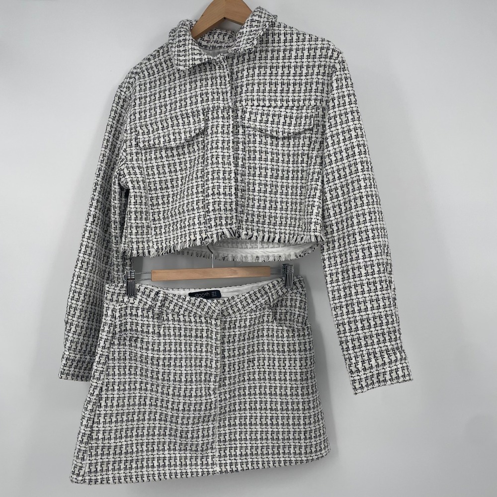 Stoosh Womens Tweed 2 Piece Set Cropped Jacket Mini Skirt Black White SKJR3225 M